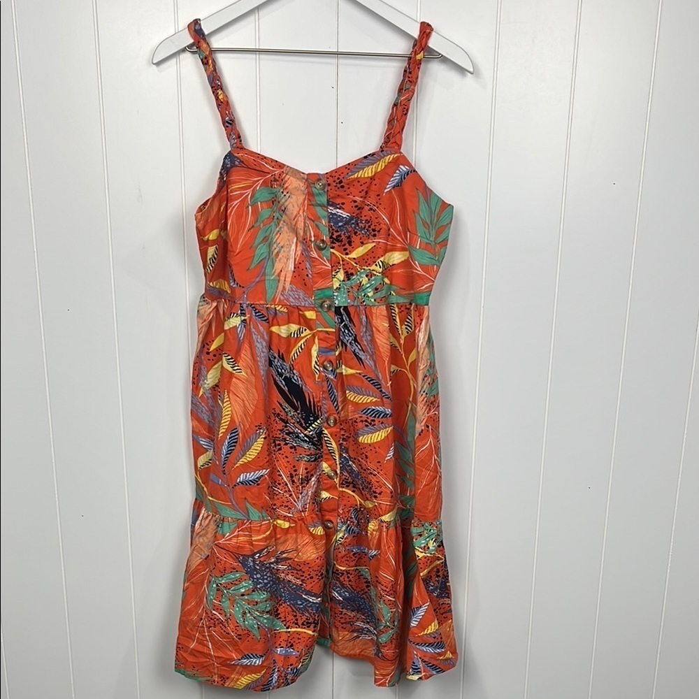 Beachlunchlounge Womens Sundress M Orange Blue Braided Straps Button Down Peplum